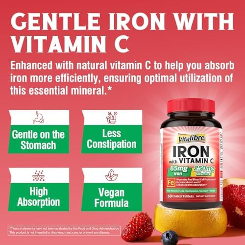 Vitalibre Iron Supplement, 65mg Carbonyl Iron with 250mg Vitamin C, Stomach Friendly