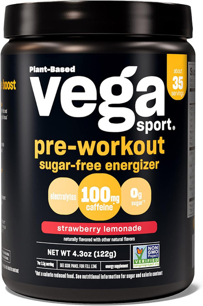 Vega Sport Sugar Free Pre-Workout Energizer - Pre Workout Powder for Women & Men Supports Energy and Focus Electrolytes Vegan Keto Gluten Free Non GMO 4.3 oz
