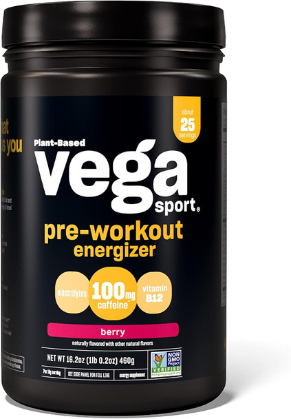 Vega Sport Pre-Workout Energizer - 25 Servings- Pre Workout Powder for Women and Men Supports Energy and Focus Electrolytes Vegan Keto Gluten Free Non GMO 1.1 lbs
