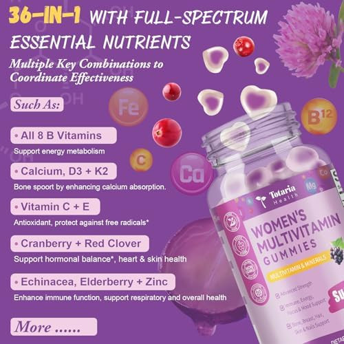 Totaria Sugar Free Multivitamin Gummies for Women 14+ w/Iron, Inositol, Folate, Biotin, Womens Daily Multivitamin Gummy w/Vitamin A, C, B, D3, K2, for Hair, Skin, Energy, Immune - 60 Count