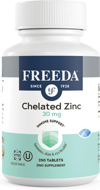 Freeda Chelated Zinc 30mg  TRAACS® Zinc Bisglycinate for High Absorption  Vegan Kosher Gentle on Stomach  Immune Support for Adults Men & Women