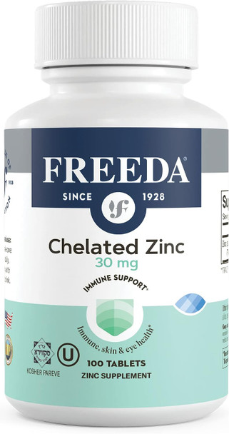 Freeda Chelated Zinc 30mg  TRAACS® Zinc Bisglycinate for High Absorption  Vegan Kosher Gentle on Stomach  Immune Support for Adults Men & Women