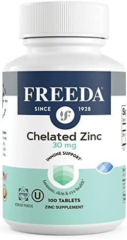 Freeda Chelated Zinc 30mg  TRAACS® Zinc Bisglycinate for High Absorption  Vegan Kosher Gentle on Stomach  Immune Support for Adults Men & Women