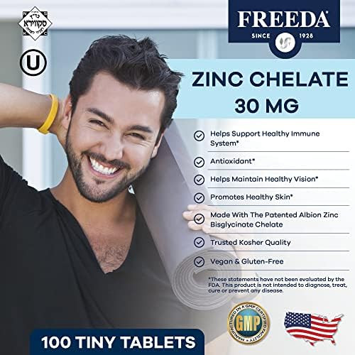 Freeda Chelated Zinc 30mg  TRAACS® Zinc Bisglycinate for High Absorption  Vegan Kosher Gentle on Stomach  Immune Support for Adults Men & Women