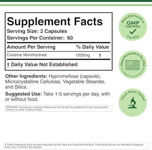 Double Wood Supplements Creatine Monohydrate Capsules 1,000mg Vegan, No Grit 120 Capsules