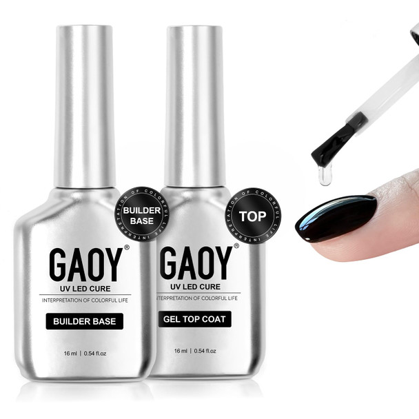 GAOY Glossy Gel Top Coat and Builder Base Set, 2 Pcs 16ml Glassy Top Coat and Clear Rubber Base Nail Strengthener Combination for UV Light Cure Gel Nail Polish