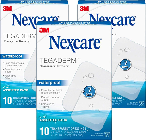 Nexcare Tegaderm Transparent Dressing, Clear Film Lets You See Wounds Heal, Waterproof Dressing Holds Fast for 7 Days - 10 Dressings