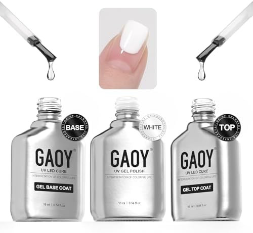 GAOY 16ml Gel Top Coat, Base Coat and 1002 White Gel Polish Set, 3 Pcs