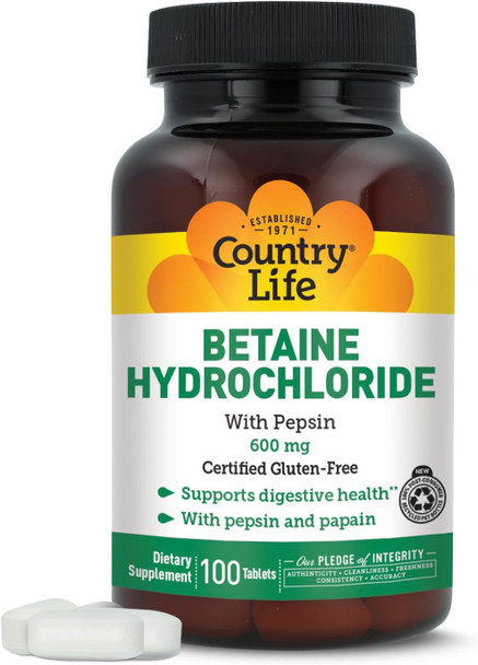Country Life Betaine Hydrochloride with Pepsin, 600mg