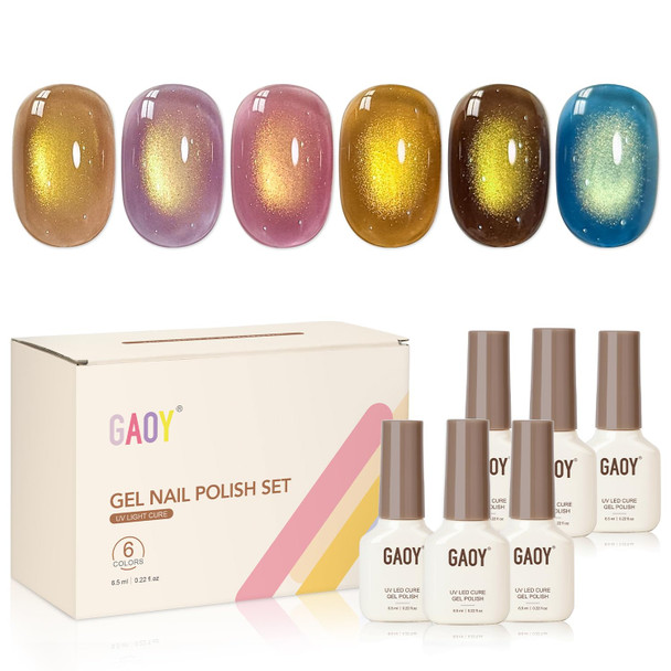 GAOY Brown Chameleon Cat Eye Gel Nail Polish Kit with Magnet, 6 Colors