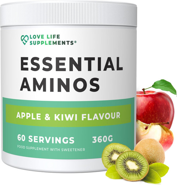 Love Life Supplements Essential Amino Acids Powder Full Spectrum EAA & BCAA Drink for Muscle Recovery, Apple & Kiwi Flavour 60 Servings High Strength Intra Workout Supplement
