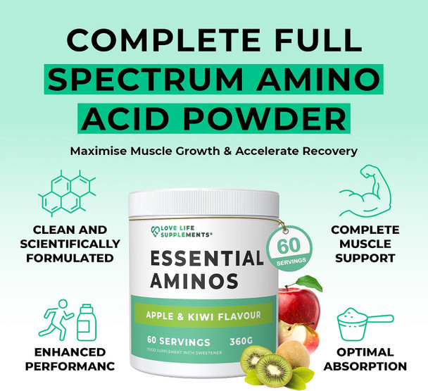 Love Life Supplements Essential Amino Acids Powder Full Spectrum EAA & BCAA Drink for Muscle Recovery, Apple & Kiwi Flavour 60 Servings High Strength Intra Workout Supplement