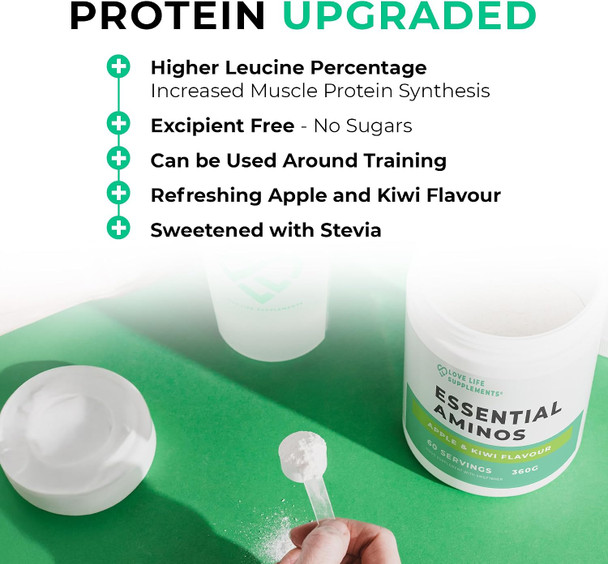 Love Life Supplements Essential Amino Acids Powder Full Spectrum EAA & BCAA Drink for Muscle Recovery, Apple & Kiwi Flavour 60 Servings High Strength Intra Workout Supplement