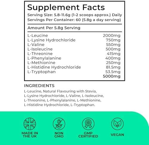 Love Life Supplements Essential Amino Acids Powder Full Spectrum EAA & BCAA Drink for Muscle Recovery, Apple & Kiwi Flavour 60 Servings High Strength Intra Workout Supplement