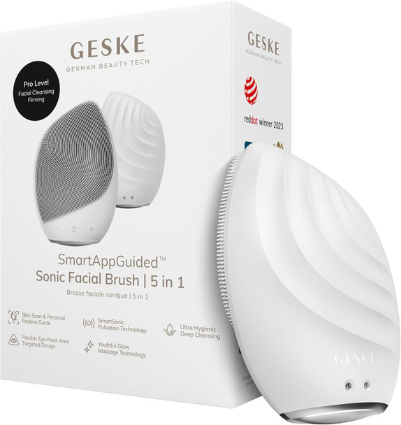 GESKE SmartAppGuided Sonic Facial Brush 5 in 1 | Vibrating Electric Cleansing Brush | Soft Silicone | Professional Cleanser | Skin Exfoliator | Face Massager