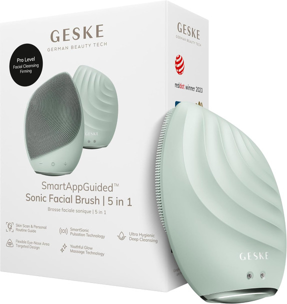 GESKE SmartAppGuided Sonic Facial Brush 5 in 1 | Vibrating Electric Cleansing Brush | Soft Silicone | Professional Cleanser | Skin Exfoliator | Face Massager
