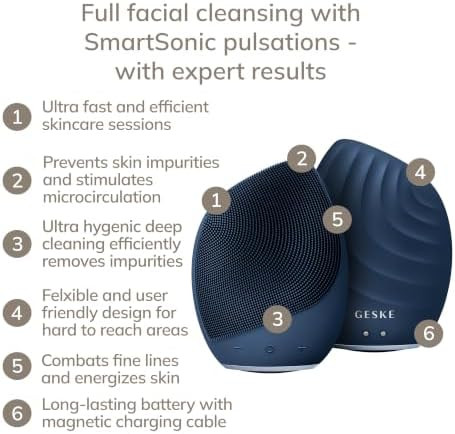 GESKE SmartAppGuided Sonic Facial Brush 5 in 1 | Vibrating Electric Cleansing Brush | Soft Silicone | Professional Cleanser | Skin Exfoliator | Face Massager