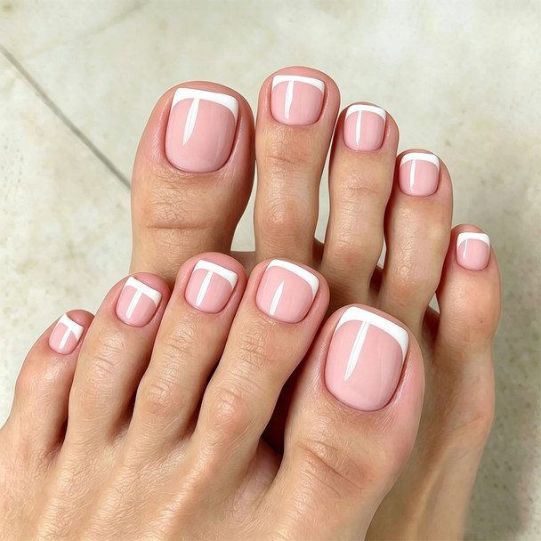 Modelones Press on Toenails Short, Nude French Tip Toe Nails Square