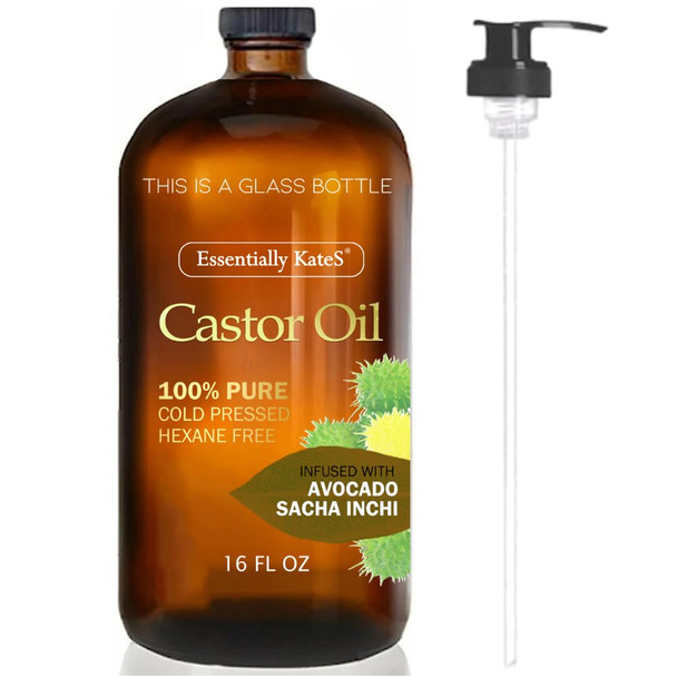Essentially KateS Castor Oil 16 Fl Oz (Glass Bottle)Inchi A Huge Glass Bottle with a Pump 100% Pure and Natural Cold Pressed and Hexane Free