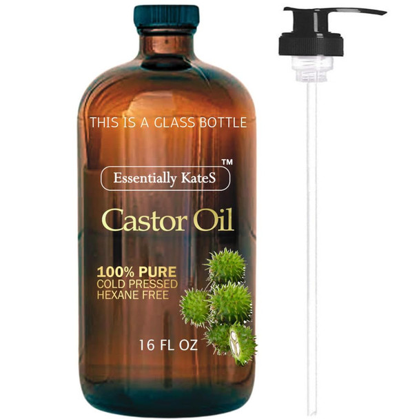 Essentially KateS Castor Oil 16 Fl Oz (Glass Bottle) Original A Huge Glass Bottle with a Pump  100% Pure and Natural Cold Pressed and Hexane Free Hair and Body