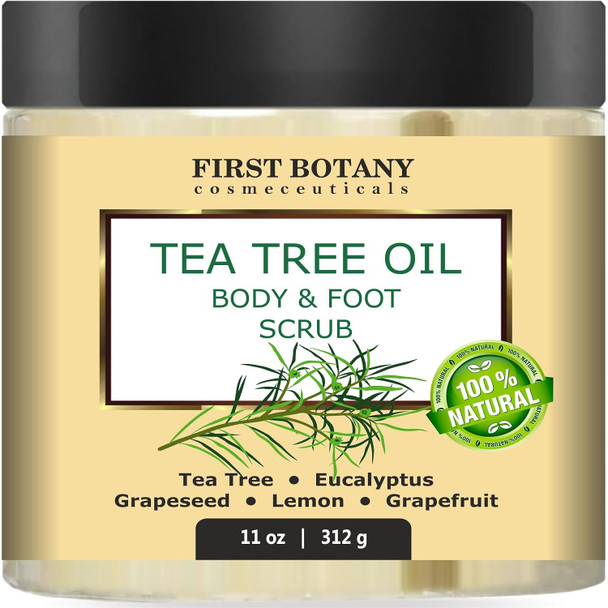 First Botany 100% Natural Tea Tree Oil Body & Foot Scrub with Salt - Best for Acne Dandruff and Warts Corns Calluses Athlete foot Jock Itch & Body Odor