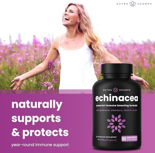 NutraChamps Echinacea Capsules 1000mg 8 in 1 Immune Support Supplement Echinacea Goldenseal Vitamin C Zinc Ginger Elderberry