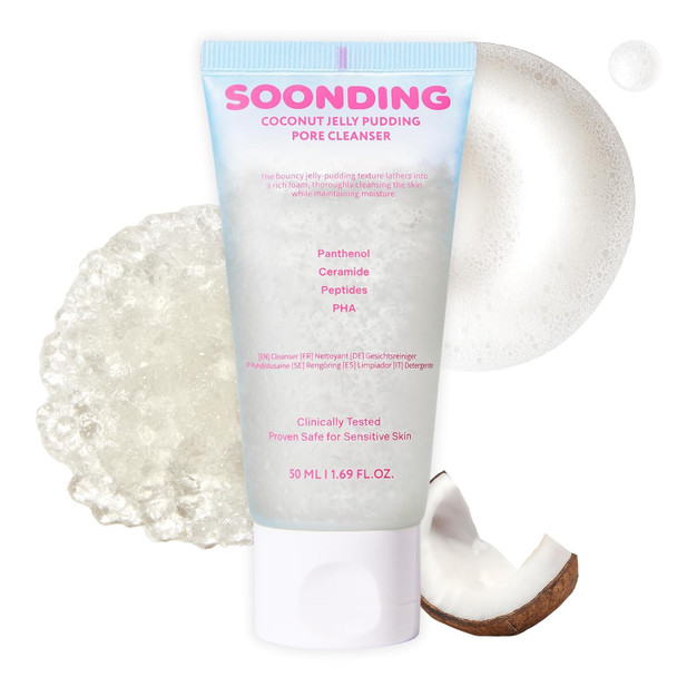 SOONDING Coconut Jelly Pudding Cleanser | Deep Pore Cleansing & Gentle Exfoliation with Jelly-to-Foam Texture | Hydrating Face Wash with Panthenol, Ceramide & Peptides