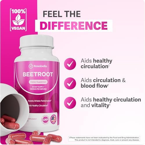 Rosabella Organic Beet Root Capsules - 1300mg Beet Root Powder Aids Healthy Circulation & Vitality, Non-GMO, Beet Root Supplement