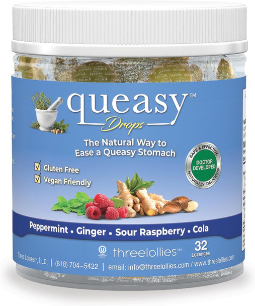 Three Lollies Queasy Drops Relief from Nausea & Travel Sickness Soothes a Dry Mouth & Settles Stomach Natural Ingredients