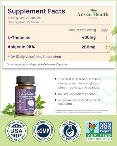 Anven Health L-Theanine Apigenin Supplement for Sleep Stress Relaxation USA