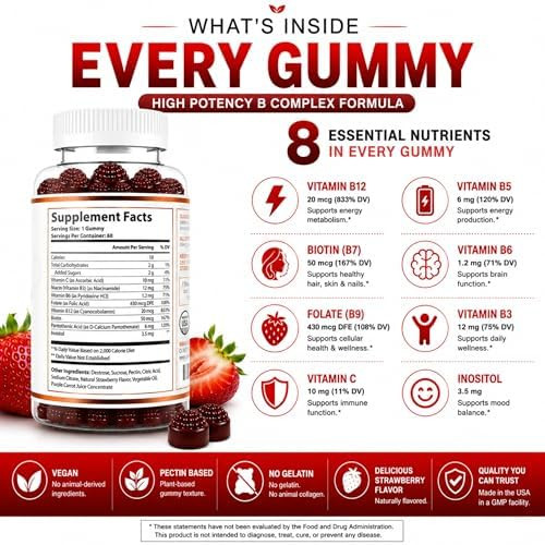O NUTRITIONS Vitamin B Complex Gummies for Women & Men - Vitamin B12, Biotin, Folate, Vitamin C - Energy, Mood, Memory & Focus Support - Hair, Skin & Nails - Vegan Strawberry Gummies, 60 Count