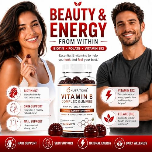 O NUTRITIONS Vitamin B Complex Gummies for Women & Men - Vitamin B12, Biotin, Folate, Vitamin C - Energy, Mood, Memory & Focus Support - Hair, Skin & Nails - Vegan Strawberry Gummies, 60 Count