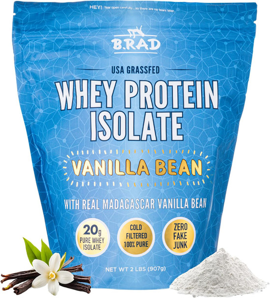 B.rad Grass-Fed Whey Protein Isolate Powder | 100% USA Sourced | 95% Purity, Cold Processed, Non-GMO, Gluten Free, Soy Free | 2 lb, 36 Servings