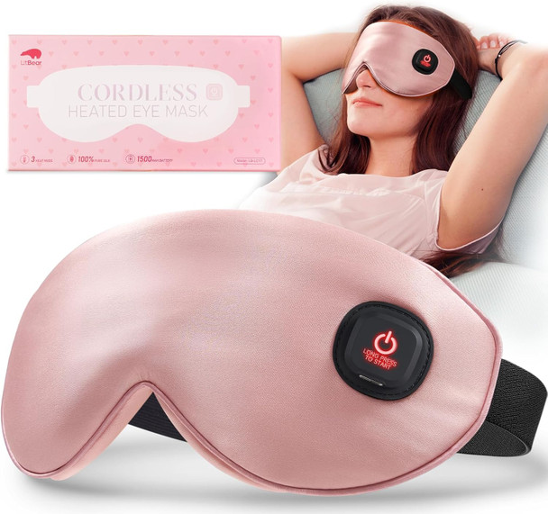 LitBear Heated Eye Mask Silk Cordless Warm Eye Compress for Dry Eyes Light Blocking Heat Eye Mask for Women Men Soft Eye Heating Pad for Dry Eyes Travel Rechargeable Washable Cover