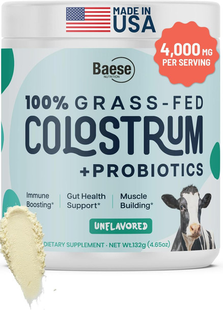 Baese Nutrition 4000mg 800 IgG Grass Fed with Probiotics Bovine Colostrum Powder Supplement for Kids & Adults with Immunoglobulins (132 Grams, Unflavored)