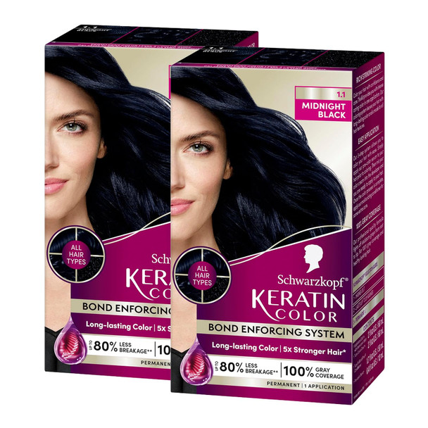 Schwarzkopf Keratin Permanent Hair Dye Cream 1.0 Black Onyx Professional Quality Color for Up to 100% Gray Coverage Bond Enforcing System pack of 2