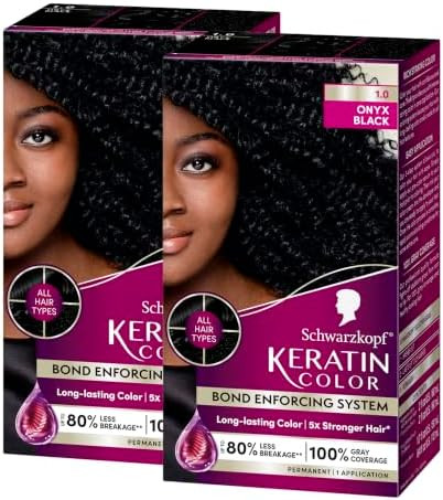 Schwarzkopf Keratin Permanent Hair Dye Cream 1.0 Black Onyx Professional Quality Color for Up to 100% Gray Coverage Bond Enforcing System pack of 2