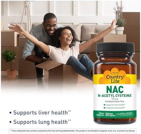 Country Life N-Acetyl Cysteine (NAC) 750 mg – Premium Liver Support and Lung Health Supplement – Powerful Antioxidant Protection, Liver Detox & Cleanse, Immune Support
