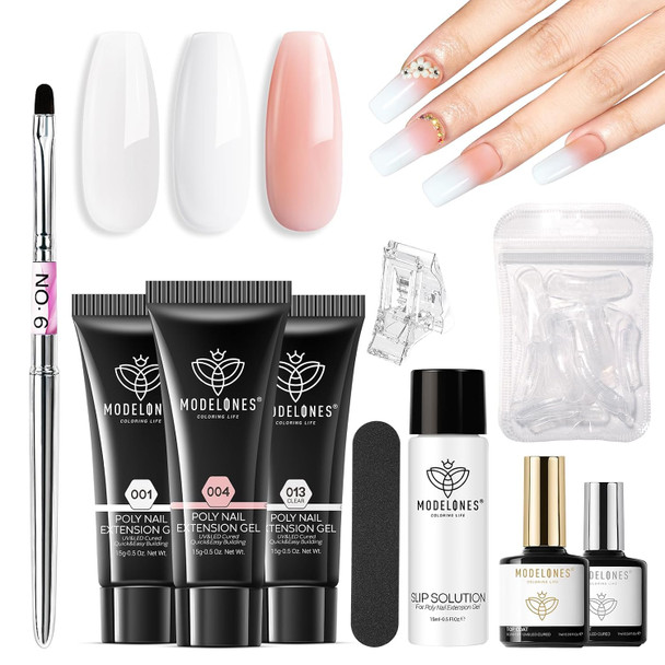 Modelones Poly Gel Nail Kit 3 Colors Clear White Apricot with Slip Solution