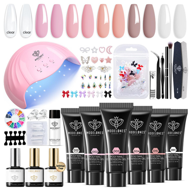 Modelones Poly Nail Gel Kit 6 Colors with 48W UV/LED Lamp Clear