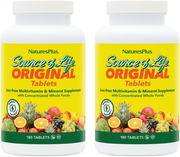 NaturesPlus Source of Life No Iron - 180 Tablets - Multivitamin & Mineral Supplement with Vitamin D3 - Supports Natural Energy & Well-Being - Gluten Free, Vegetarian