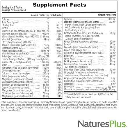 NaturesPlus Source of Life No Iron - 180 Tablets - Multivitamin & Mineral Supplement with Vitamin D3 - Supports Natural Energy & Well-Being - Gluten Free, Vegetarian