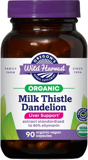 Oregon's Wild Harvest Certified Organic Milk Thistle Dandelion Capsules Liver Support Extract Standardized to Silymarin