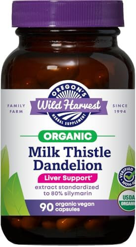 Oregon's Wild Harvest Certified Organic Milk Thistle Dandelion Capsules Liver Support Extract Standardized to Silymarin