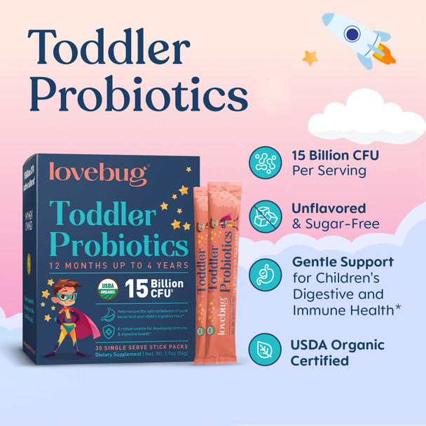 LOVEBUG Award Winning Probiotics | Constipation & Stomach Discomfort | Softer Bowel Movements | Easy-to-Take Powder | Ages 12 Months to 4 Years | 60 Packets