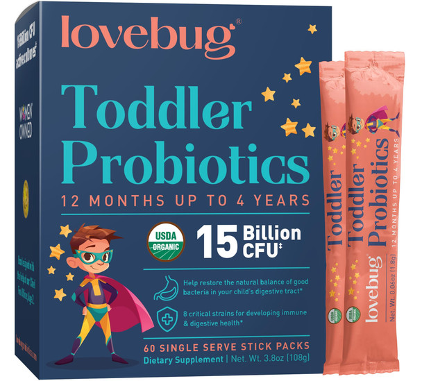 LOVEBUG Award Winning Probiotics | Constipation & Stomach Discomfort | Softer Bowel Movements | Easy-to-Take Powder | Ages 12 Months to 4 Years | 60 Packets
