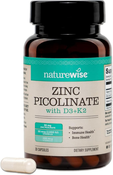 NatureWise Zinc Picolinate with D3 + K2 - Zinc Supplements for Men & Women + Vitamin D3 K2 - Supports Immune & Bone Health* - Non-GMO, Gluten Free, USA Manufactured - 30 Capsules[30 Day Supply]