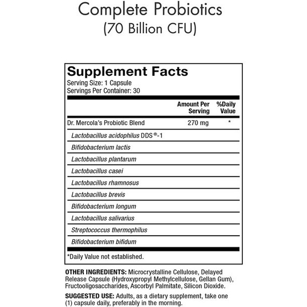 Dr. Mercola Complete Probiotics - 90 Servings- Daily Probiotic Supplement - 70 Billion CFU - Acid & Bile Resistant - Promotes Digestive Health and Supports Immune System