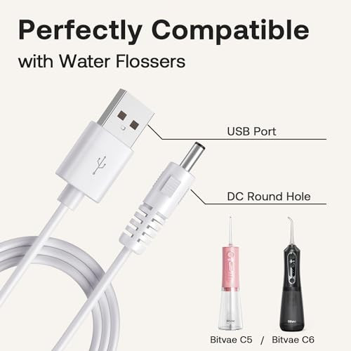 Bitvae Charger Cable Fits D2/R1/R2/S2 Electric Toothbrush C2/C5/C6 Water Dental Flosser Usb Dc Charging Cord White