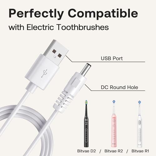 Bitvae Charger Cable Fits D2/R1/R2/S2 Electric Toothbrush C2/C5/C6 Water Dental Flosser Usb Dc Charging Cord White